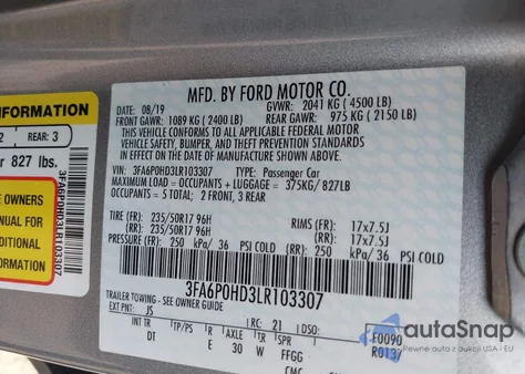 2020 Ford Fusion Se из США, поврежденный, VIN 3FA6P0HD3LR103307